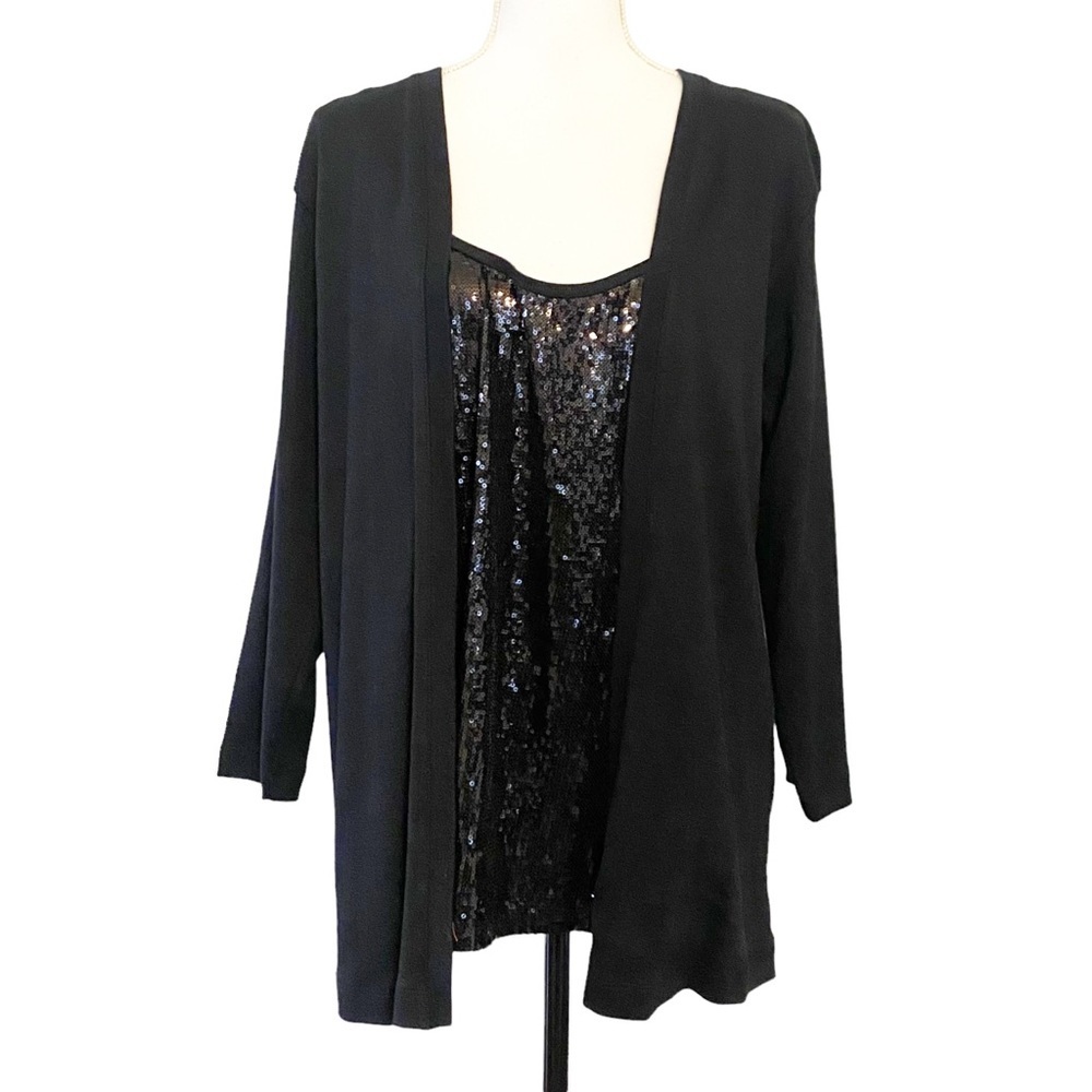Rafaella‎ Sequins One Piece Long Sleeve Cardigan Top Holiday Party SZ 1X Black